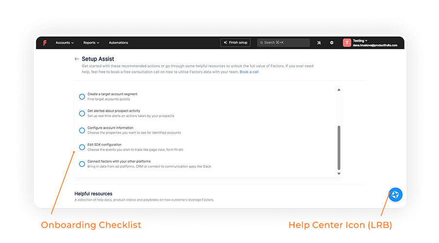 Onboarding checklist in Factors.ai app